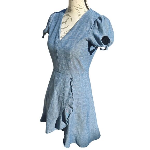 J. Crew -776 Blue Chambray V-Neck Short Sleeve Faux-Wrap Above Knee Dress Sz 00 - Picture 4 of 9